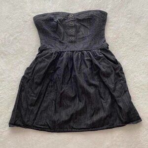 dark blue denim mini dress with button-up front and pockets